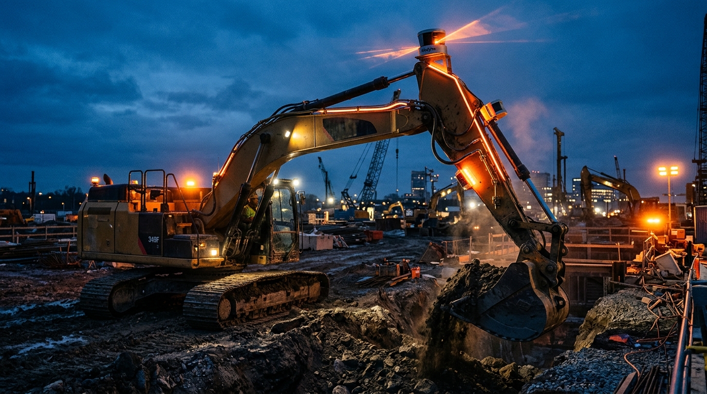 AI-powered excavator at dusk